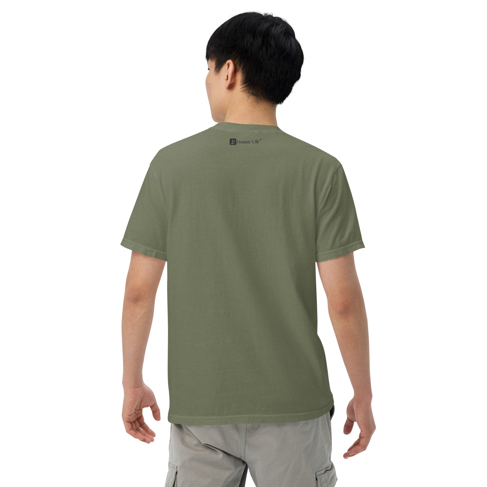 Man modeling the Key West Cannabis Company Brand T-shirt in Moss Green from the back showing House Ullr Brand at the top.
