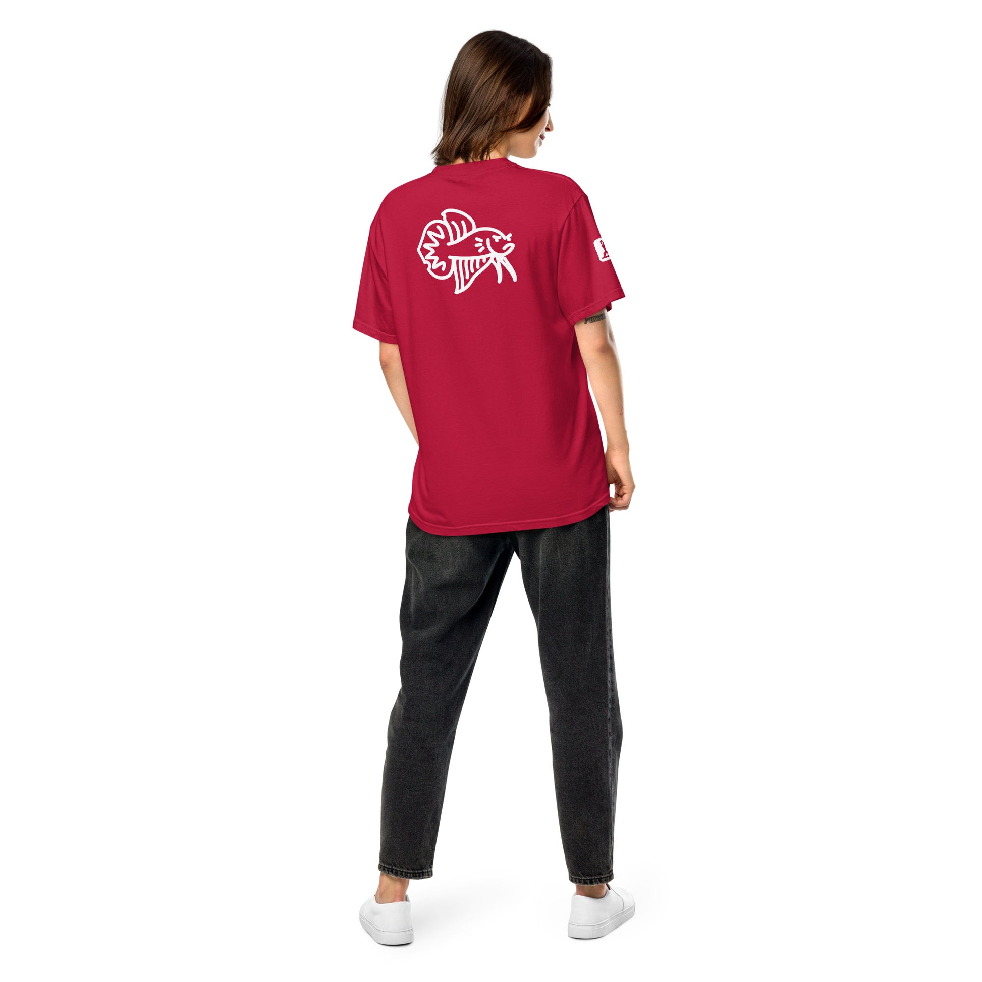 Female model wearing the red Betta Si fighting fish T-Shirt in Blues, reds, and purples from the back showing the Betta Butch Illustrated betta character.