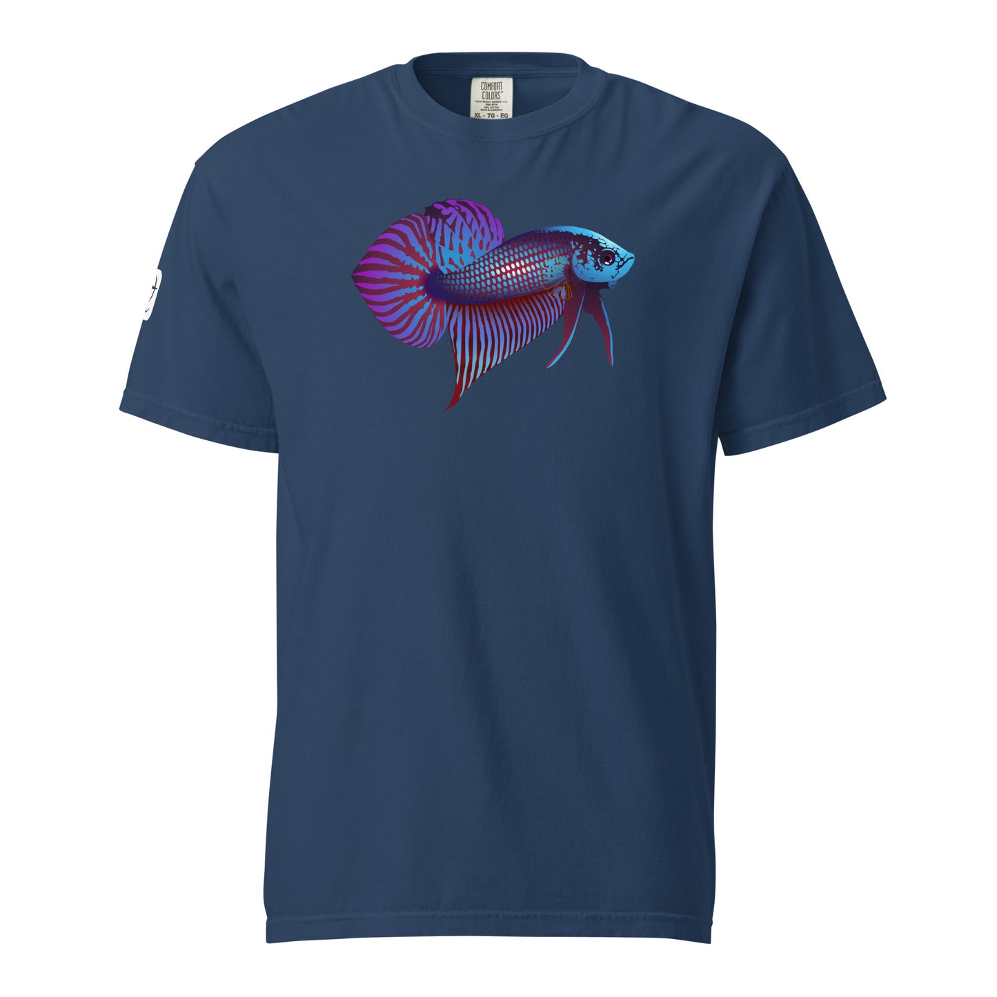 Hollow shot of the true navy blue Betta Si fighting fish T-Shirt in Blues, reds, and purples from the front.