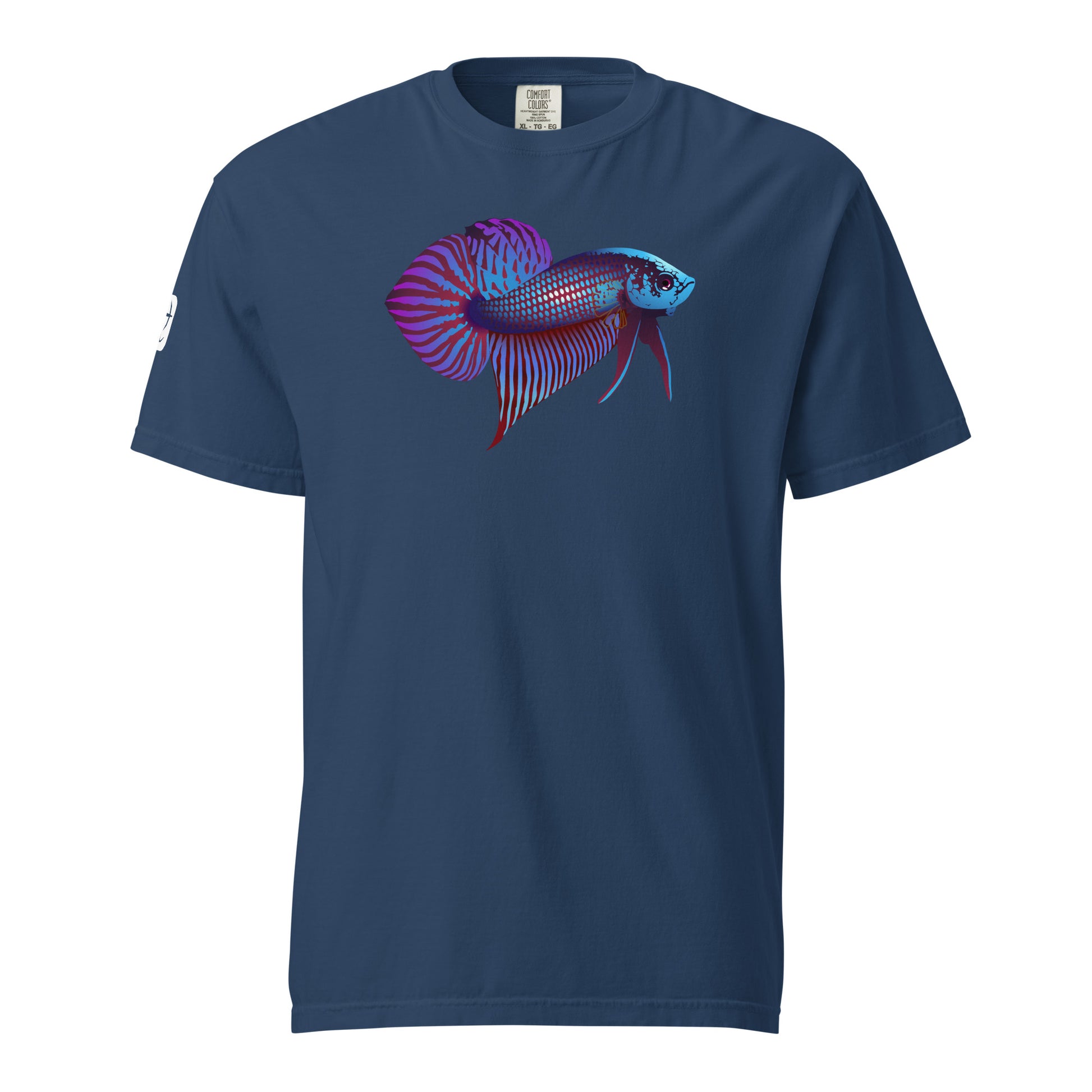 Hollow shot of the true navy blue Betta Si fighting fish T-Shirt in Blues, reds, and purples from the front.