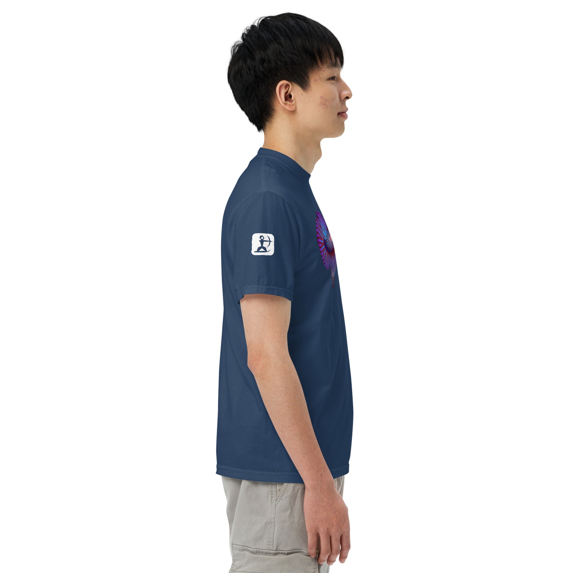 Male Model wearing the true navy blue Betta Si fighting fish T-Shirt from the side showing the House Ullr icon.