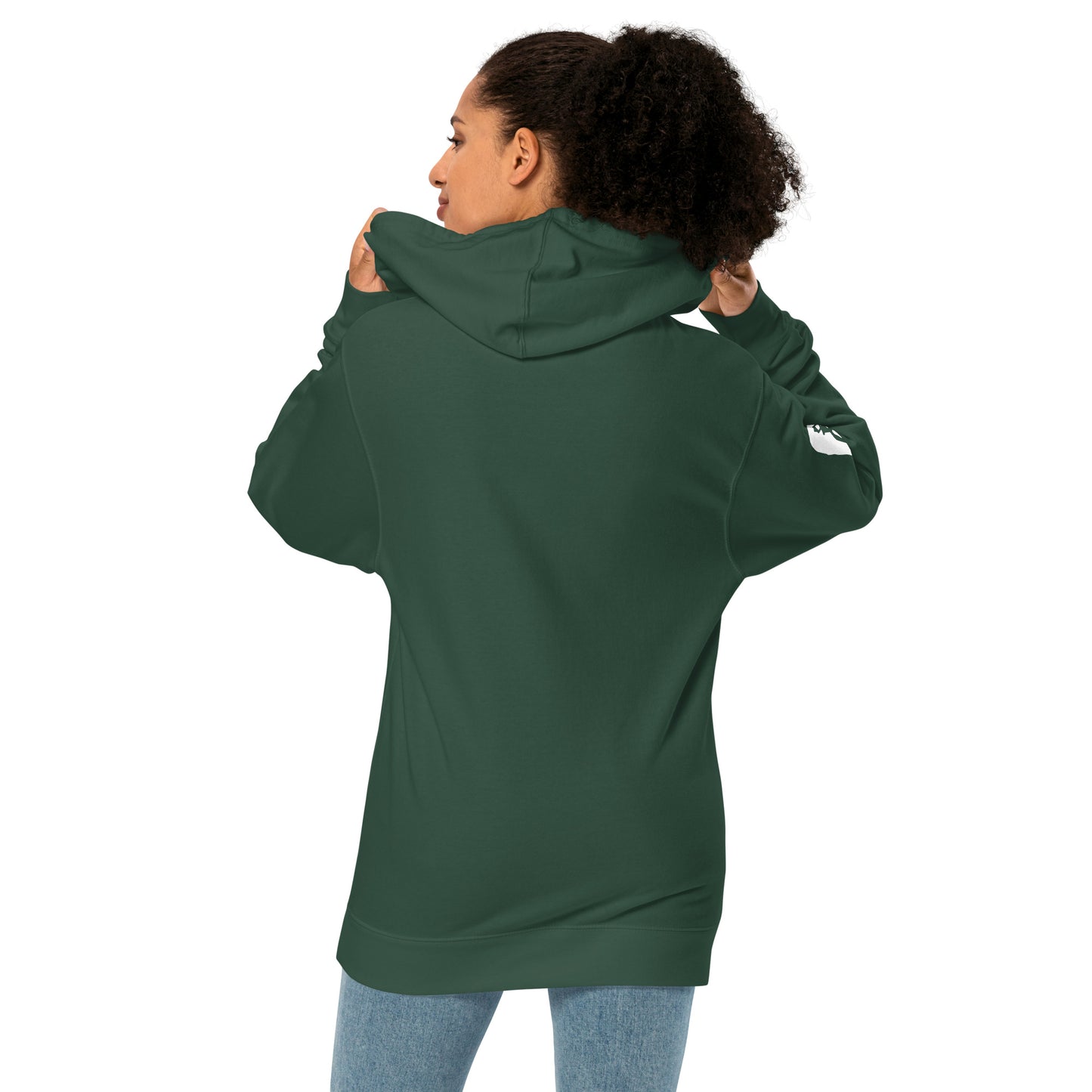 Female model wearing the Anura Sigma hoodie in green from the back showing the left sleeve print.