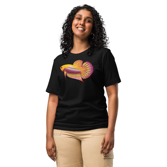 Woman shown wearing a Gold Betta Jai print close up on a black t-shirt from the front.