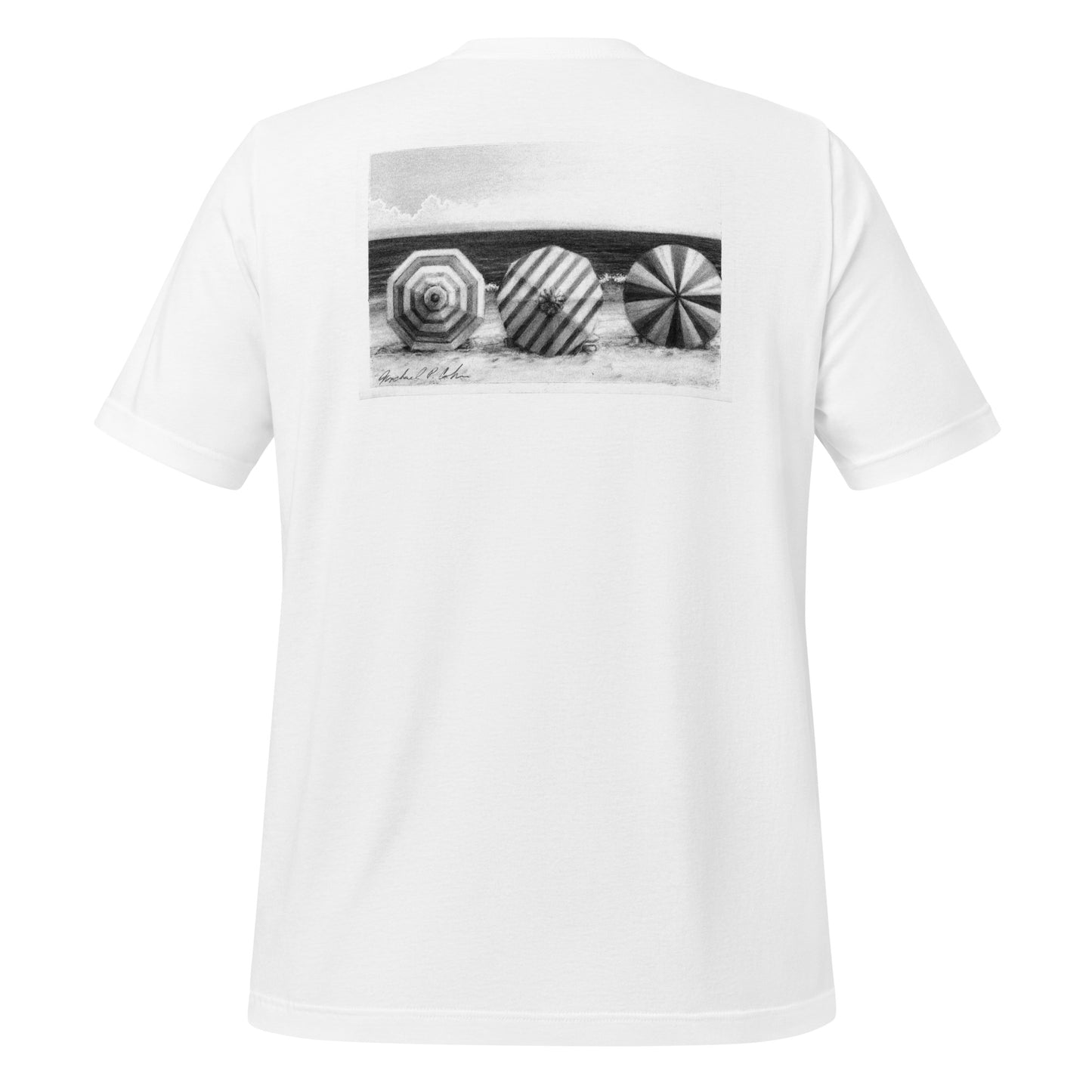 Flat picture of the Beach Day 3 Printed T-shirt in White from the back showing the charcoal illustration.